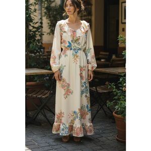 Boston Proper Floral Maxi Dress Boho Ruffle Smocked Long Sleeve Sz 4